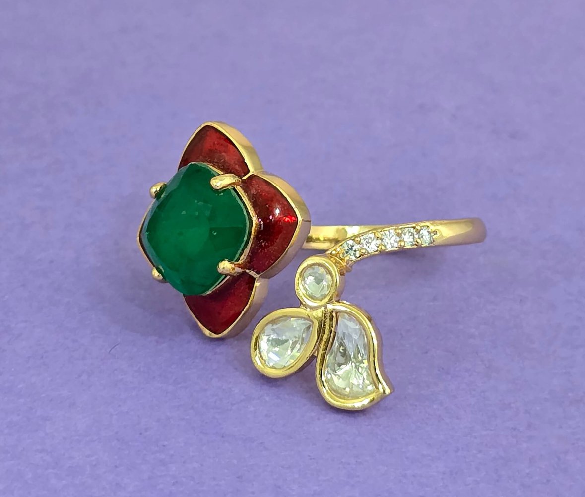 Designer Floral Design Ring with Green and Red Accents
