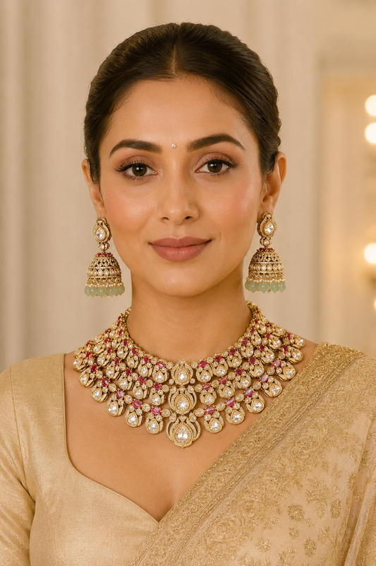 Apsara- Multilayered Choker in Golden Tone Mossainite and Polki set