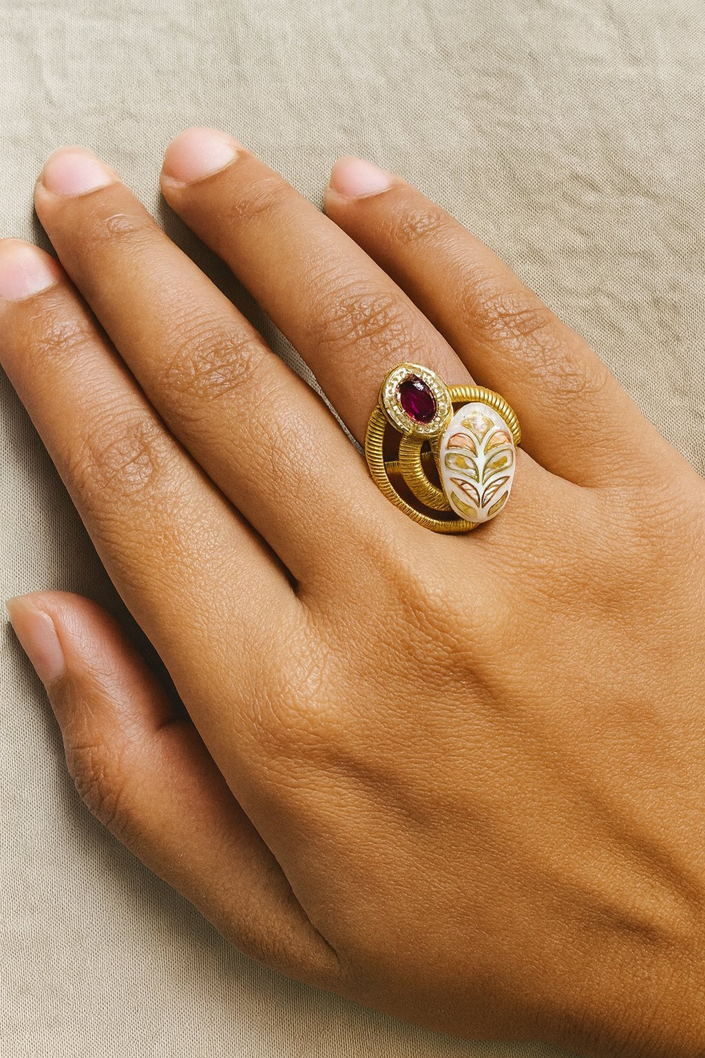 Antique Gold Plated Meenakari Ring with Red Stone