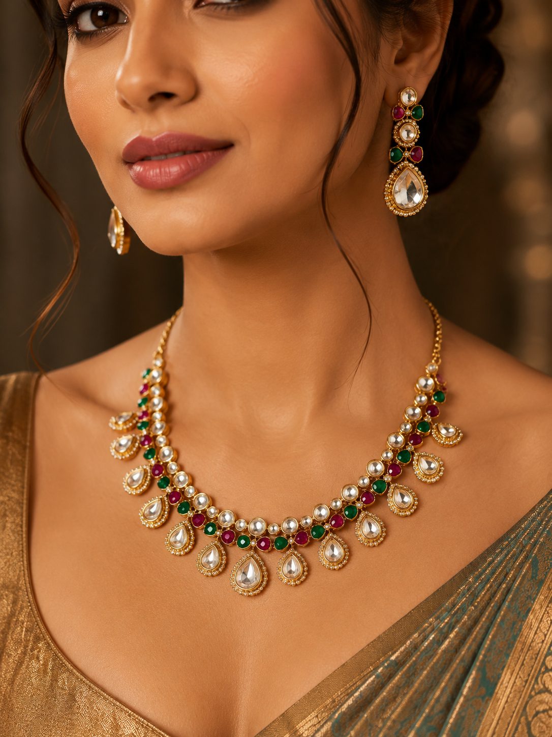 Katthaka - Kundan Necklace Set with Ruby & Emerald Accents