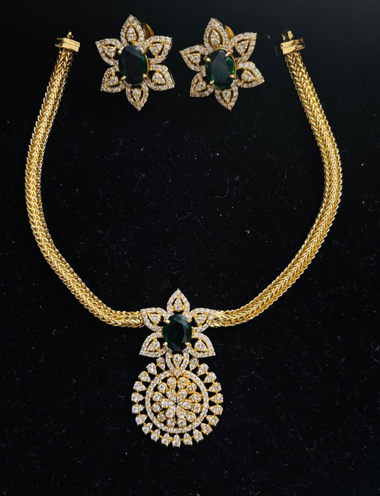 Green Stone and American Diamond Necklace Set