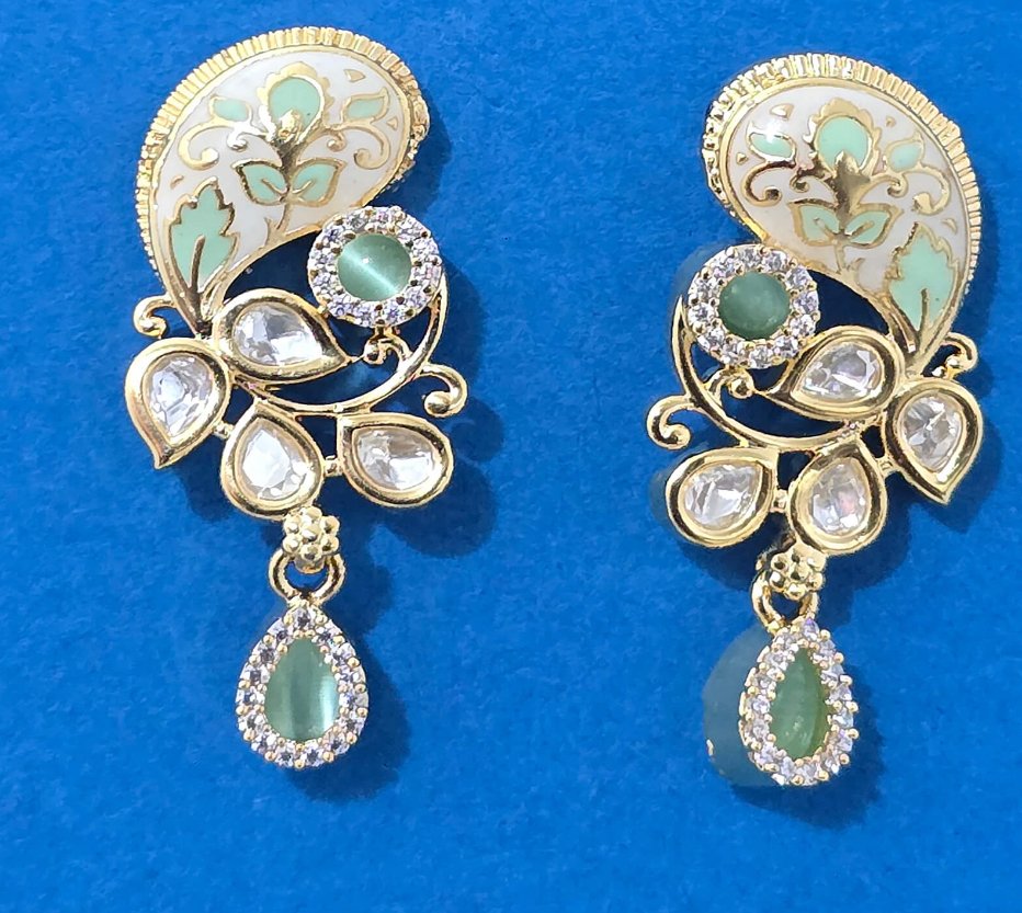 Kundan Style Earrings with Green Accents