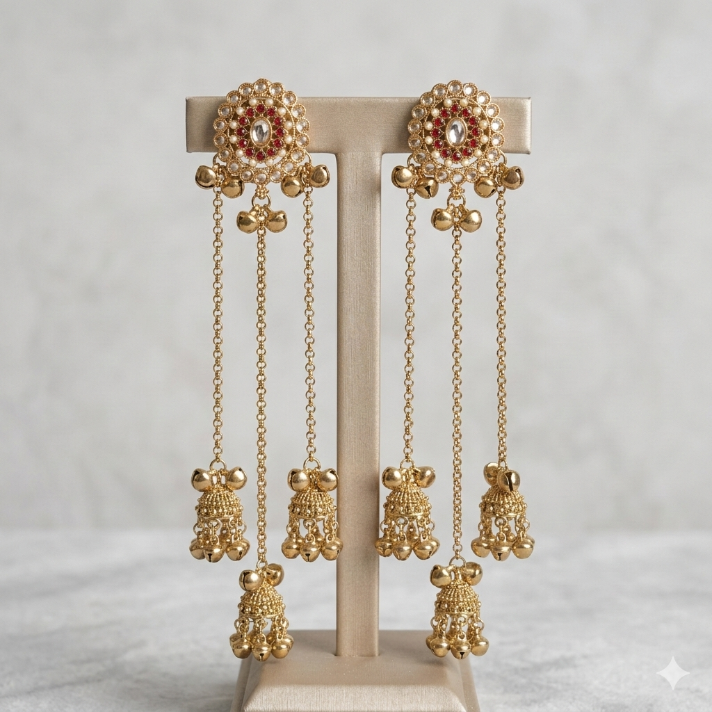 Kashmiri Earrings -Elegant Chand Chain Jhumka Earrings