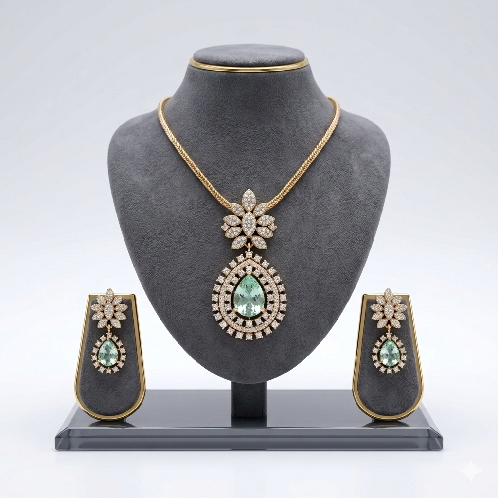 Green Doublett and American Diamond Jewelry Set