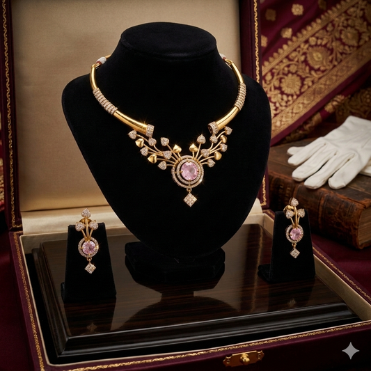Floral design Antique Gold toned Jewelry set with pink stone