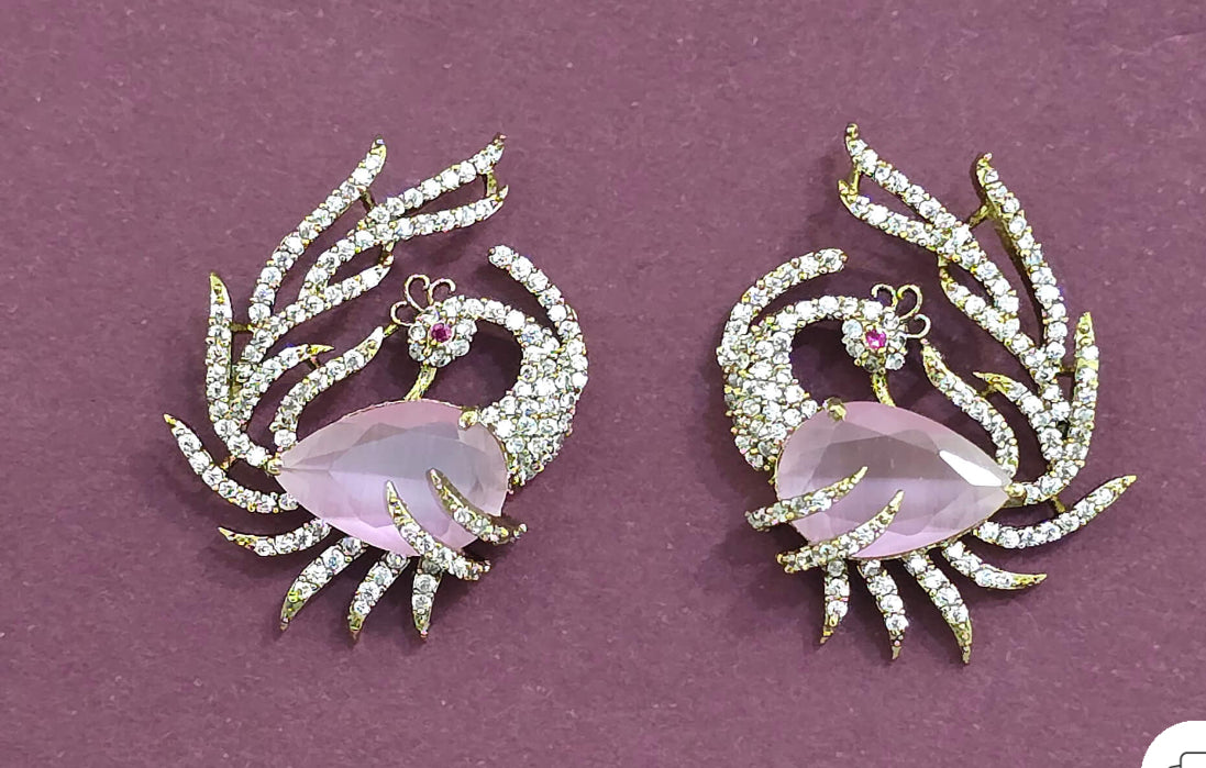 Cubic Zirconia Peacock Earring with Mehndi Plating
