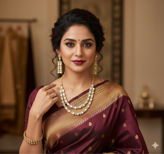 Kundan Polki 2 Liner Necklace Set with Carat Gold Plating