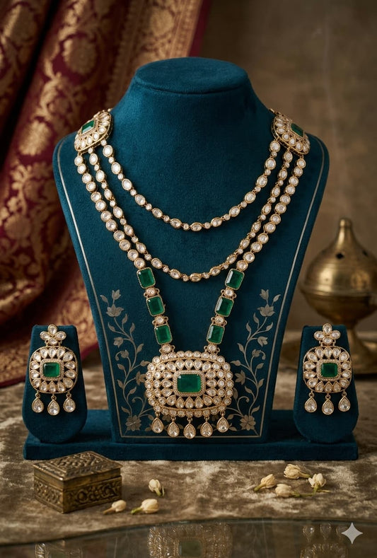 Archie - Royal Kundan Polki Necklace Set with Emerald Accents