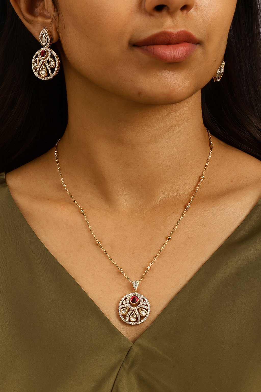 Moissanite Jewelry Set with Ruby Accents