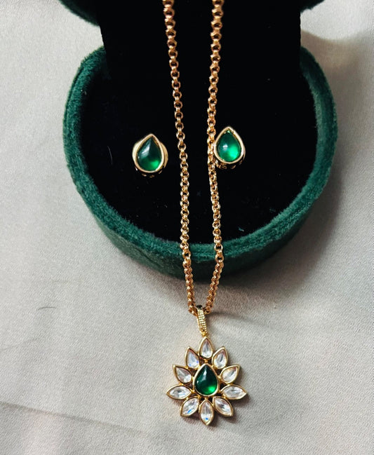 Lotus Inspired Moissanite Pendant Necklace with Green Kundan