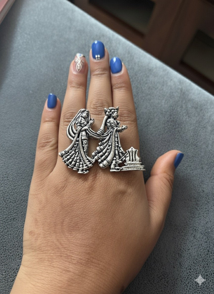 Oxidized Silver Radha Krishna Ring