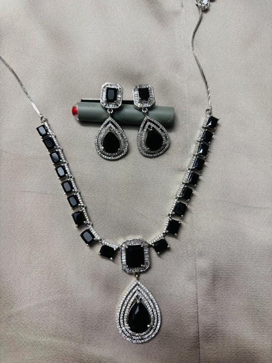 Silver-Tone Black Necklace and Earring Set