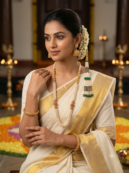 Regal Pearl & Rubi Colored Motifs Rani Haar with Antique Jhumkas