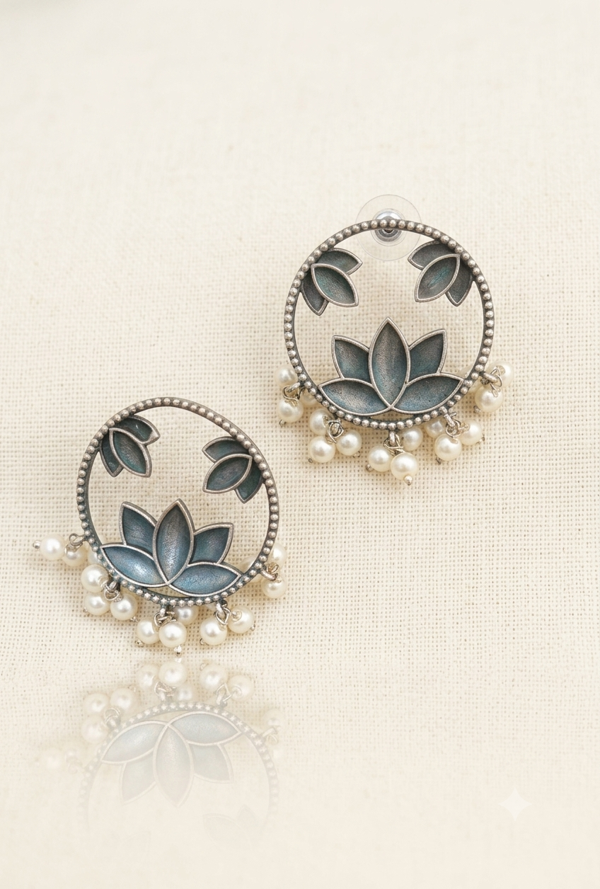 Round Lotus Oxidised Studs