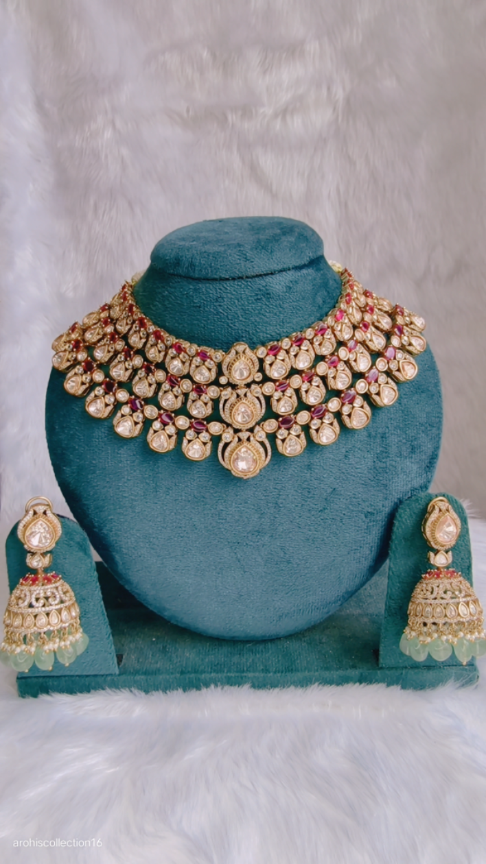 Apsara- Multilayered Choker in Golden Tone Mossainite and Polki set