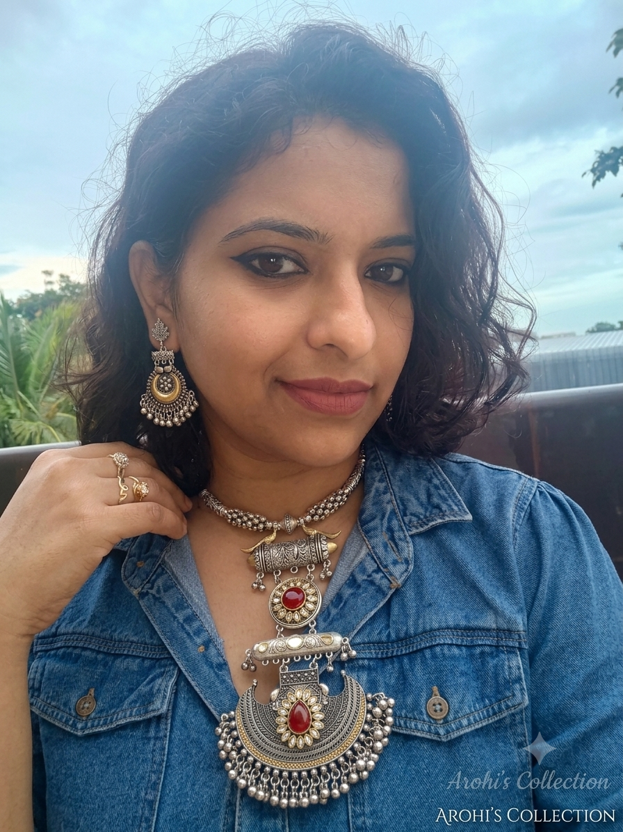 Dual-Tone Antique Tribal Statement Necklace & Earrings Set