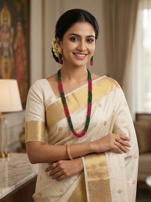 Ruby & Emerald Dual-Tone Beaded Rani Haar Set