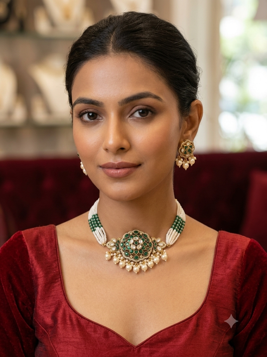 Naira - Emerald and Mother of pearls choker set