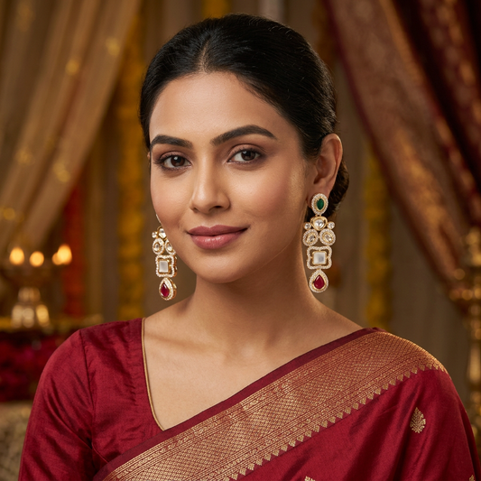 Emerald Green, Ruby Red, and White Stone Kundan Drop Earrings with Gold Finish | ACM26-0001 - Model Wearing