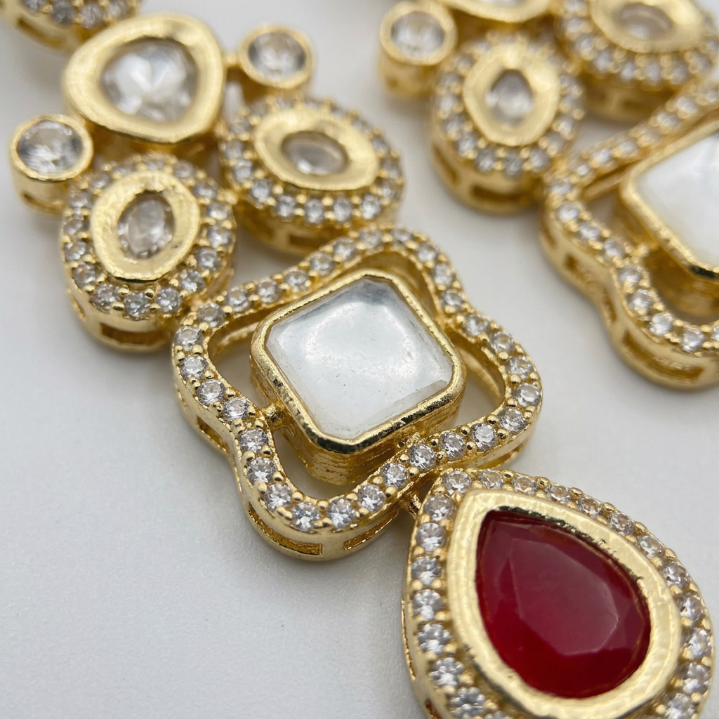 Emerald Green, Ruby Red, and White Stone Kundan Drop Earrings with Gold Finish | ACM26-0001 - Detailing