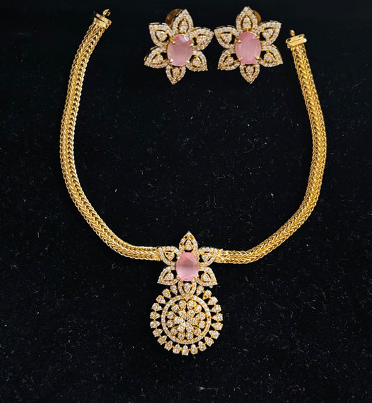 Pink stone with American Diamond Floral Jewelry Set