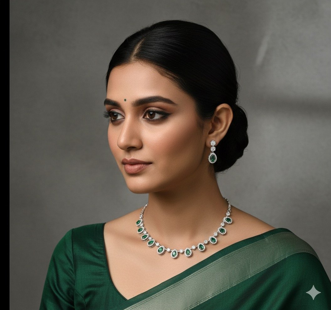 Elegant Green American Diamond Jewelry Set