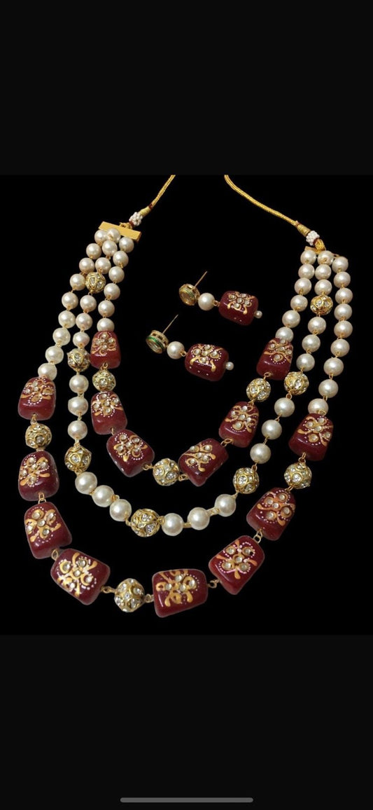 Three layered Pearl and Beaded Set with Earrings