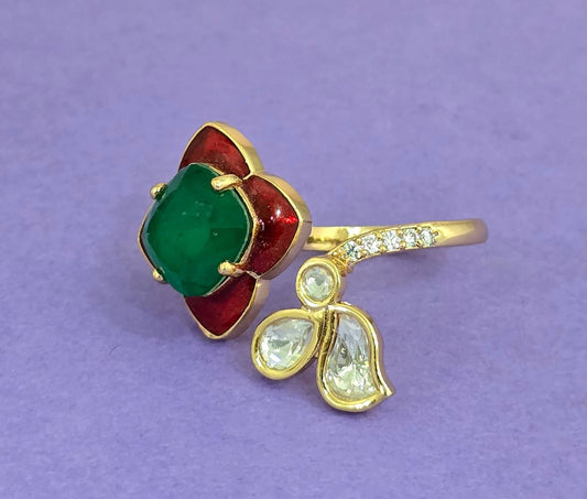 Designer Floral Design Ring with Green and Red Accents