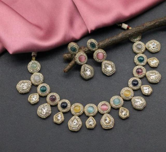 Elegant Kundan Jewelry Set with Colorful Stones