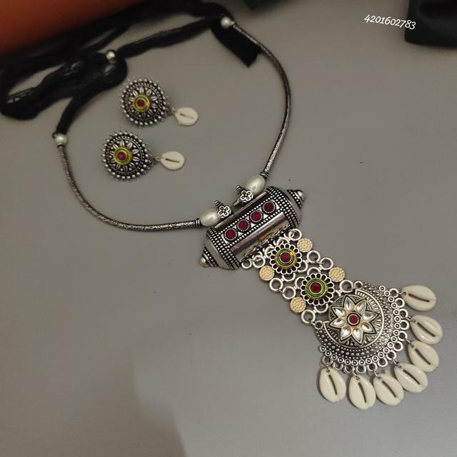 Oxidized Silver Necklace Set with Cowrie Shells