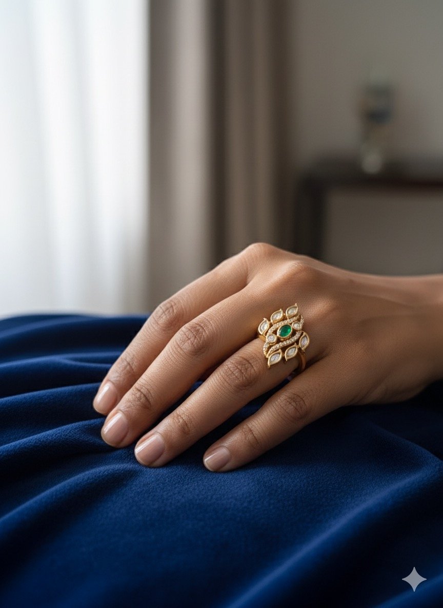 Elegant Kundan Adjustable Ring with Green Stone