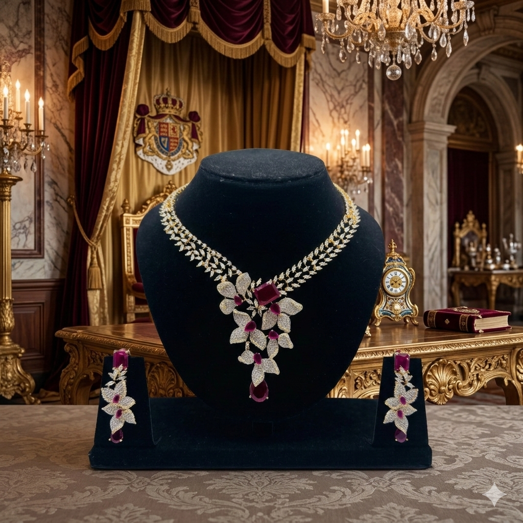 Flower inspired American Diamond dual toned with Rubi colored stone set for evening gowns