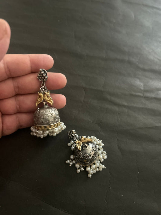 Dual Toned Oxidized Silver Jhumka Earrings