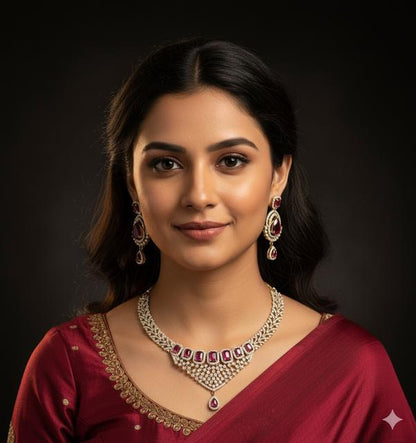 American Diamond Jewelry Set with Goldenish and Red Stones