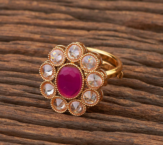 Kundan Floral Design Ring with Pink Center Stone