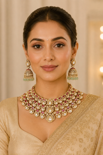 Apsara- Multilayered Choker in Golden Tone Mossainite and Polki set