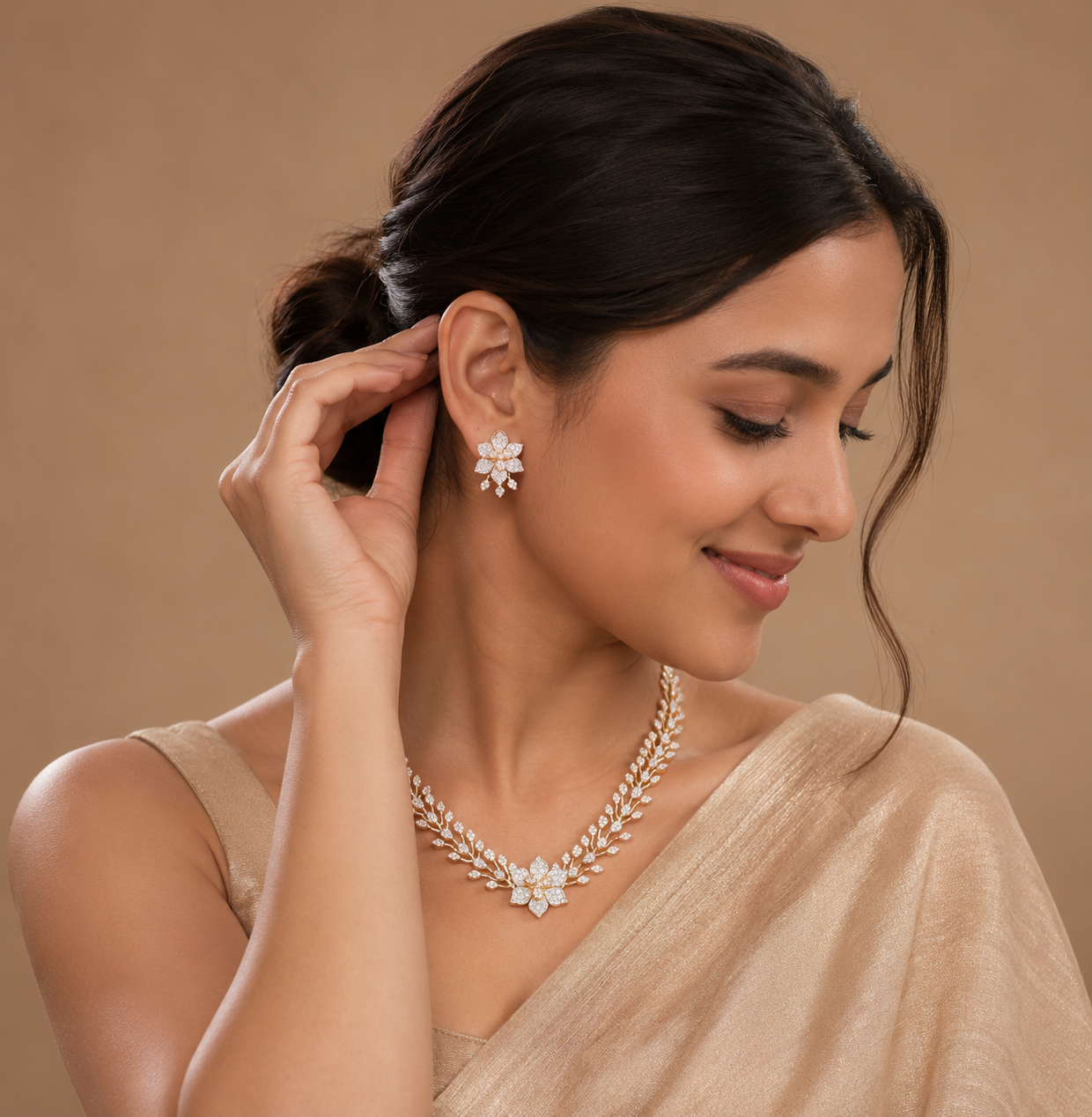 Zirconia Classic Necklace Set with 2 Tone Rhodium Plating