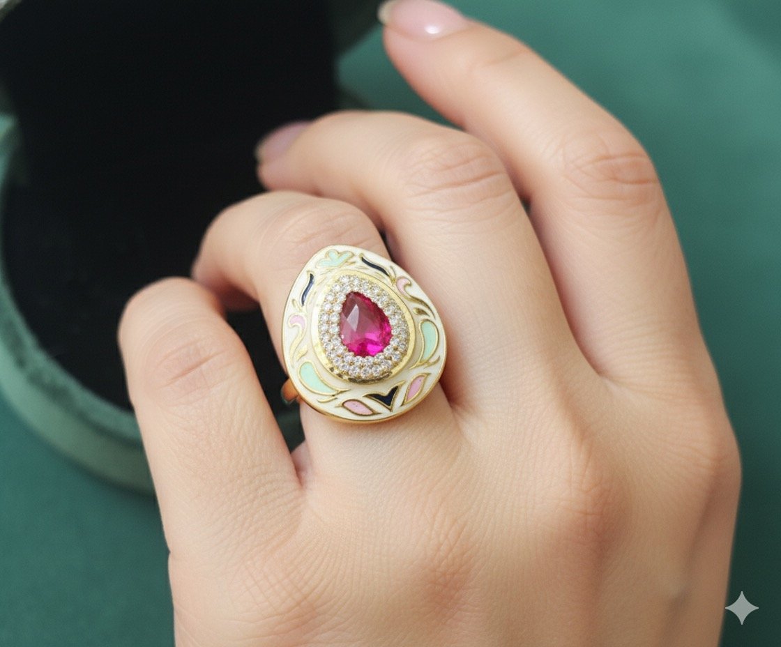 Enamel Work Ring with Pink Stone