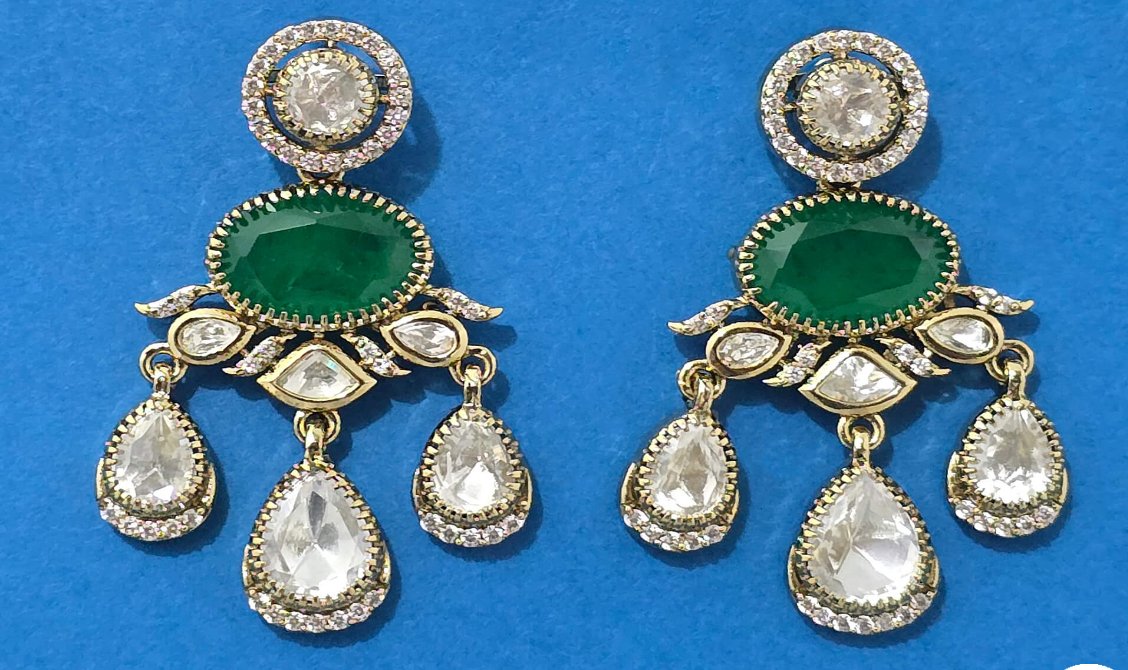 Kundan Polki and Green Doublet with American Diamond Earrings