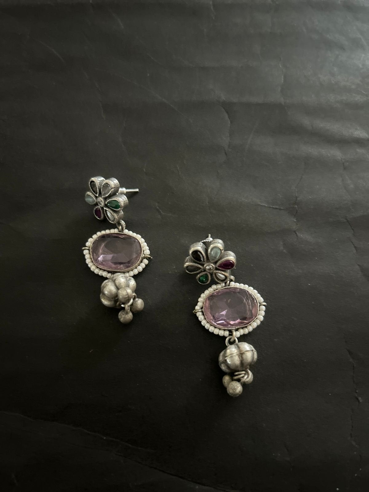 Elegant Silver-Tone Floral Earrings with Purple Stones