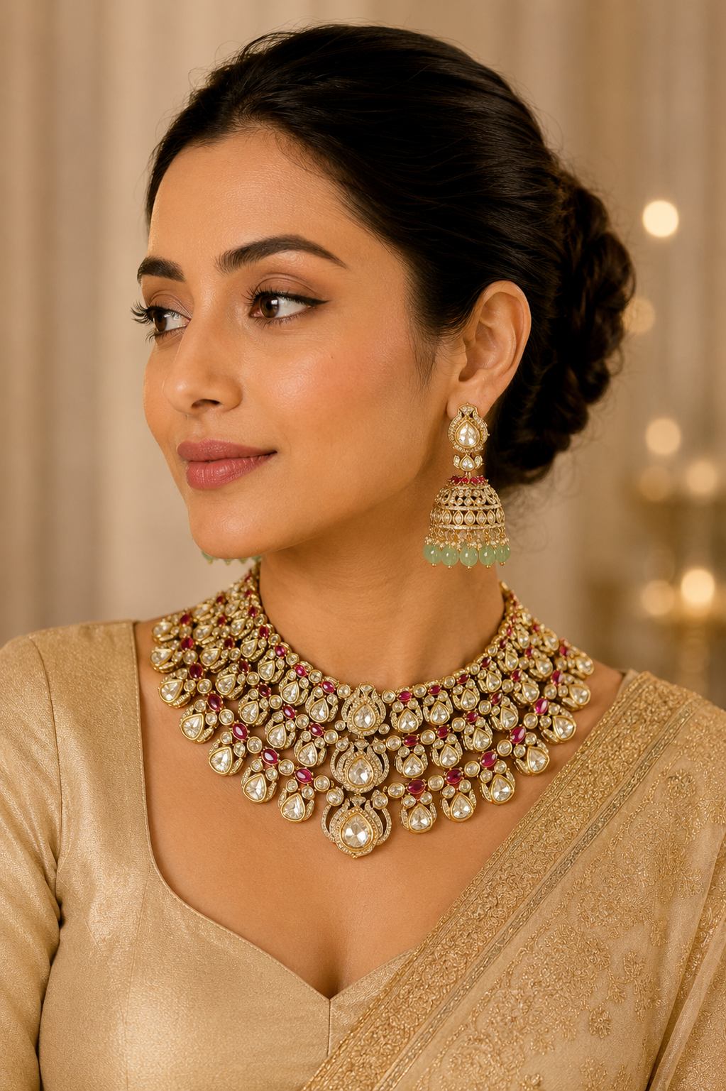 Apsara- Multilayered Choker in Golden Tone Mossainite and Polki set