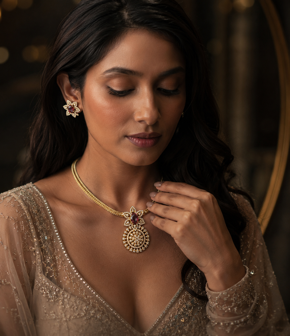 Rubi Toned Stone and American Diamond  Floral Jewelry Set with Pendant