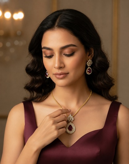 Ruby Colored Doublet and American Diamond Jewelry Set