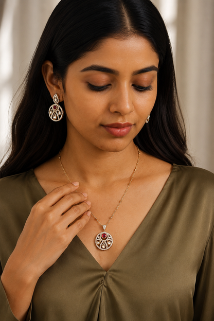 Moissanite Jewelry Set with Ruby Accents