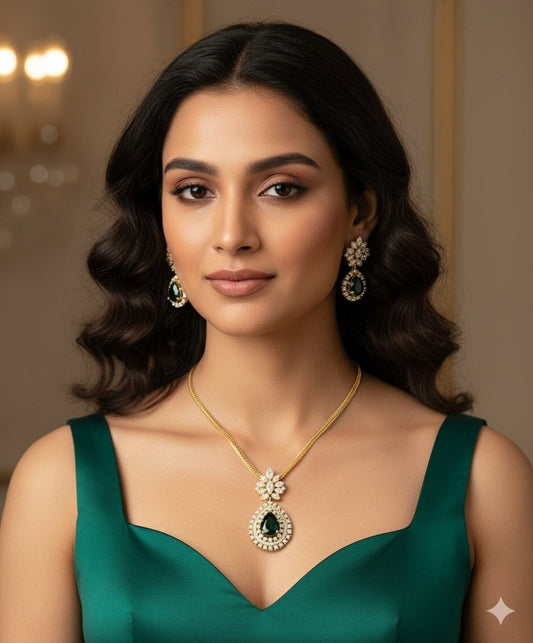 Green Doublett and American Diamond Jewelry Set