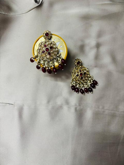 Rubi Colored Kundan Chandbali Earrings