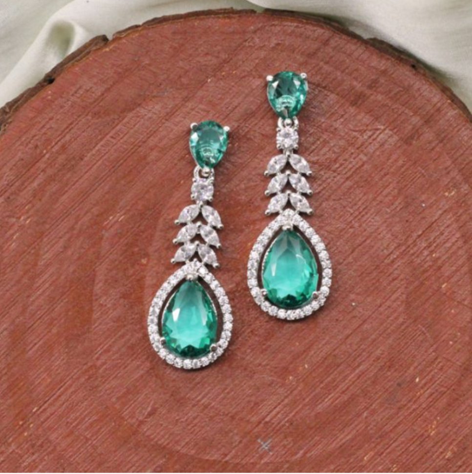 Elegant Green Teardrop Earrings with American Diamond Accents