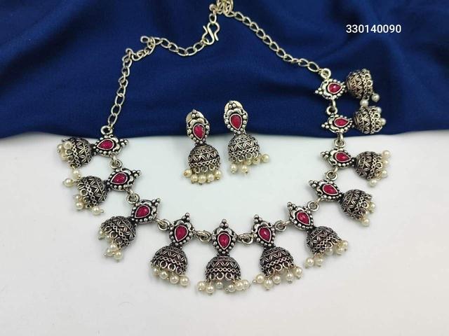 Oxidized Silver-Tone Necklace Set with Red Accents