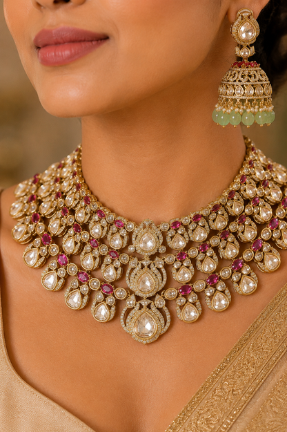 Apsara- Multilayered Choker in Golden Tone Mossainite and Polki set