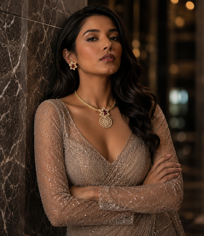 Rubi Toned Stone and American Diamond  Floral Jewelry Set with Pendant
